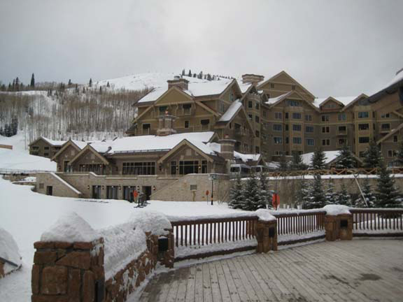 A view of the hotel and ski school of Montage Deer Valley Ski Resort.