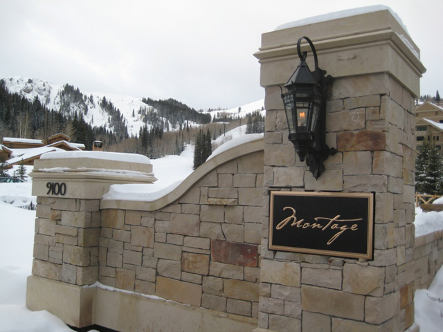 Entrance of ski resort with Steven Handelman outdoor lantern.